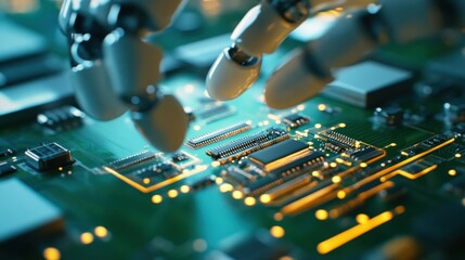 Aufkleber - A close-up view of robotic fingers interacting with a circuit board, highlighting the fusion of technology and robotics in modern electronics.