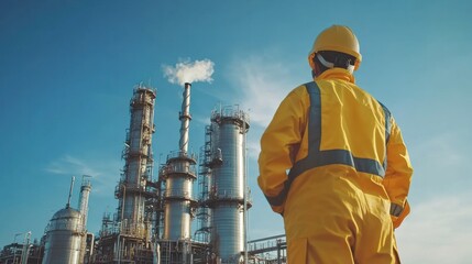 Wall Mural - Worker in safety gear observing an industrial facility