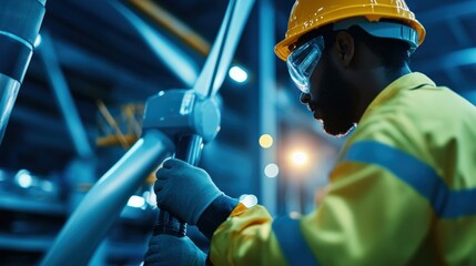 Poster - A worker in protective gear operates machinery in an industrial setting, highlighting safety and precision in a vibrant, dynamic environment.