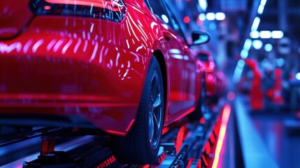 Poster - a vibrant red car is seen on an assembly line, illuminated by dynamic lighting in a modern automotiv