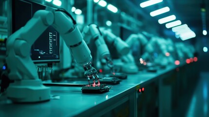 Poster - A futuristic factory scene featuring robotic arms engaged in precise tasks, illuminated by cool, blue lighting.