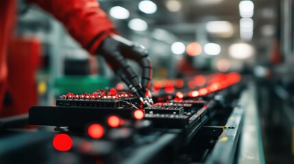 Poster - a worker in a factory setting adjusts components on a conveyor belt, with red lights illuminating th