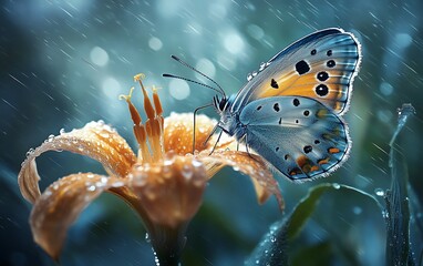 Aufkleber - Butterfly on a lily flower in the rain.