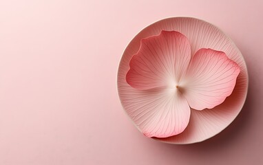 Aufkleber - Pink flower petals in a pink dish on a pink background.