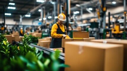 Poster - a worker in a warehouse, packing boxes among greenery, showcasing efficiency and organization in a m