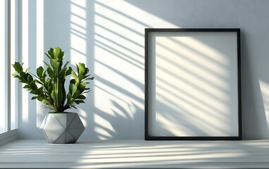 Poster - Blank frame mockup and plant by window.
