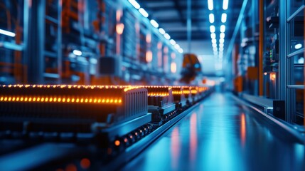 Poster - A futuristic factory scene with glowing conveyor belts and vibrant blue lighting, showcasing advanced automation and technology in manufacturing.