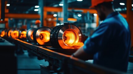 Aufkleber - a worker oversees glowing components on a production line in a vibrant industrial setting, highlight