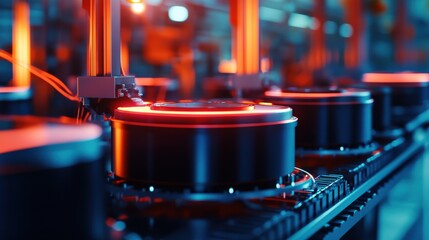 Poster - A vibrant industrial scene featuring glowing machinery components, highlighting advanced technology in a modern manufacturing environment.