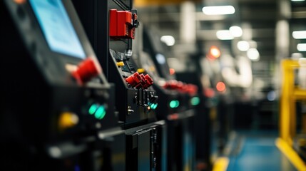 Poster - a row of industrial machines with control panels featuring buttons and screens, set in a well-lit ma