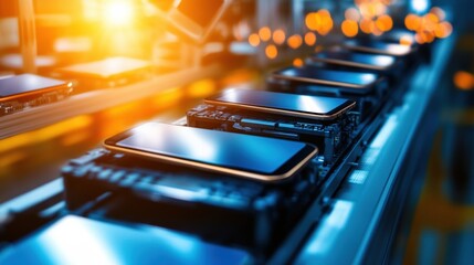 Poster - A modern smartphone assembly line showcasing sleek devices on a conveyor belt with warm lighting, emphasizing technology and manufacturing efficiency.