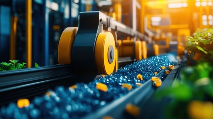 Poster - a conveyor system transporting colorful items in a vibrant, industrial setting, showcasing advanced 