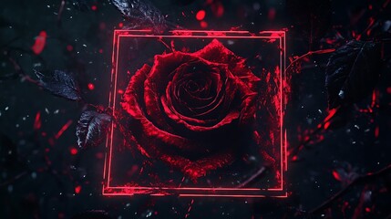 Aufkleber - Red rose in neon frame, dark background.