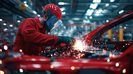 Poster - a worker in protective gear welds a car part in a factory, producing sparks in a high-tech automotiv