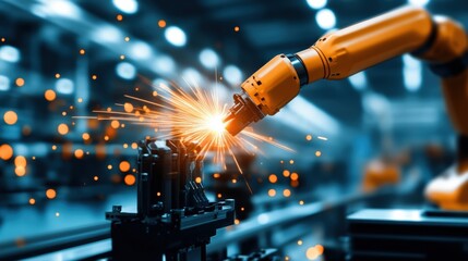 Poster - a robotic arm welds a metal piece, emitting sparks in a high-tech industrial setting, showcasing aut