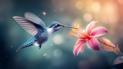 Aufkleber - Hummingbird feeding from pink flower, bokeh background.