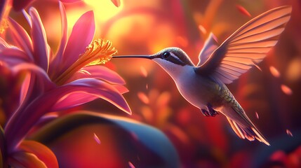 Aufkleber - Hummingbird sips nectar from a vibrant flower at sunset.