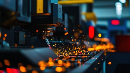 Poster - A close-up view of a high-tech machine, emitting sparks and illuminated by ambient light, showcasing industrial precision and metalworking activity.