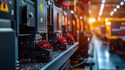 Poster - a high-tech industrial scene showcasing machines with control panels, vibrant lights, and sparks, in