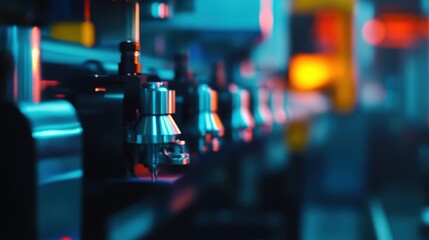 Poster - a close-up of a metallic industrial machine component, illuminated by colorful lights, highlighting 