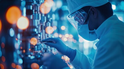 Aufkleber - a scientist in protective gear works with advanced equipment in a brightly lit laboratory, showcasin