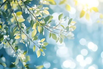 Wall Mural - Spring background with green leaves and blurred bokeh light