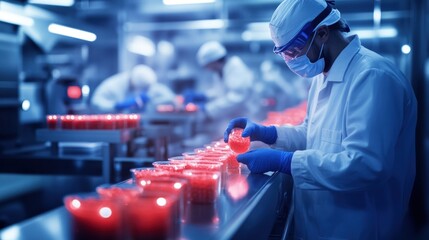 Poster - a worker in protective gear meticulously handles red containers in a modern food production facility