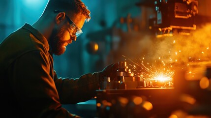 Poster - a focused man with a beard works on a metal piece, surrounded by sparks in a workshop, showcasing cr