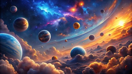 Wall Mural - cosmic landscape: vibrant nebula & planets - rule of thirds composition