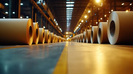 Poster - a warehouse interior showcasing neatly arranged rolls of paper on the floor, illuminated by overhead