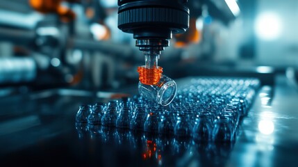 Poster - a close-up of an automated machine assembling plastic bottles in a factory setting, showcasing moder