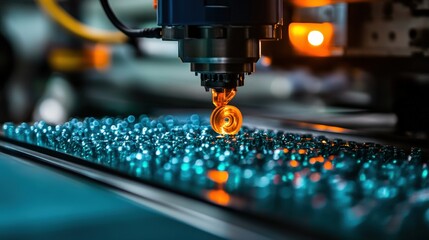 Poster - A high-tech close-up of a precision laser cutting machine operating on a surface with vibrant beads, showcasing intricate industrial technology.