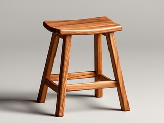 A simple wooden stool with a curved seat and sturdy legs, showcasing natural wood grain and craftsmanship.