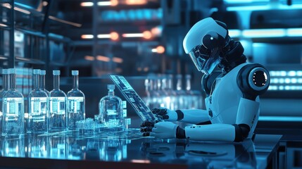 Aufkleber - Robot analyzing data in a high-tech laboratory futuristic setting digital art sci-fi environment close-up view innovation concept
