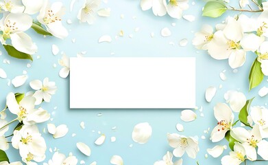 Wall Mural - A light blue spring summer  background with white petals and apple blossoms in the corners