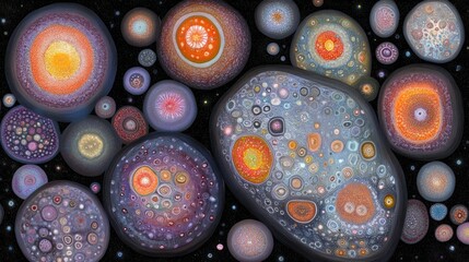 Wall Mural - Colorful abstract space art with circles and cosmic shapes.