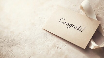 A simple congratulations card with a ribbon on a textured surface.