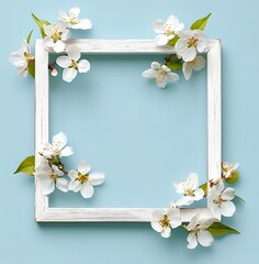 Wall Mural - A photo frame with white flowers and a blue spring summer background