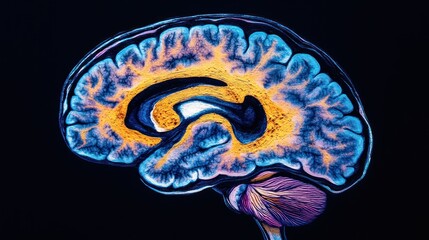 Poster - Colorful cross-section of human brain on black background.