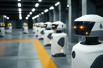 Poster - Robots stand in a modern facility prepared for tasks in an industrial setting