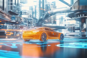 Poster - Futuristic car in a glowing cityscape with advanced technology and vibrant lights