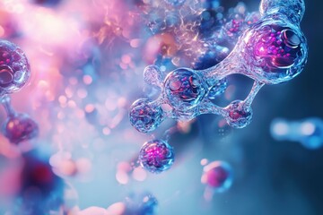 Poster - Colorful molecular structures with vibrant bubbles in a scientific setting