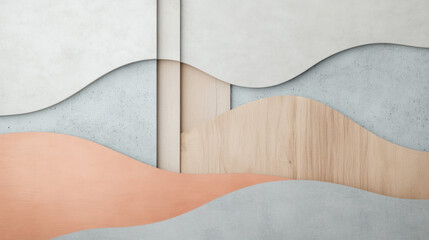 Poster - Abstract layered design with wavy shapes in neutral tones of beige, gray, and peach, featuring wood and concrete textures