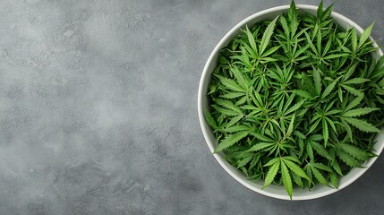 Wall Mural - Fresh green cannabis leaves in a white bowl on a gray background.