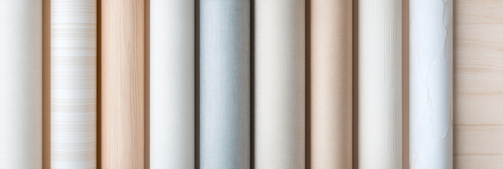 Poster - Neutral toned wallpaper rolls arranged vertically on wooden surface