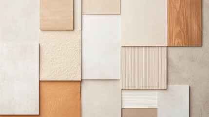Poster - collection of neutral toned material samples arranged in geometric pattern, showcasing textures and finishes