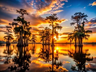 Wall Mural - Cypress Gardens Silhouette, South Carolina Sunset - Dramatic Black and White Landscape Photography