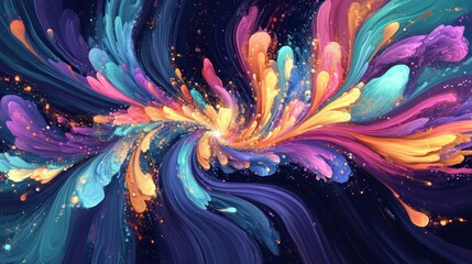 Poster - Colorful swirling paint splashes on dark background.