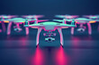 © NEW - High tech drones with cameras performing synchronized tasks in futuristic setting