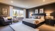 © Multi Universe  - A middle-class family clean simple high-end bedroom, mainly black, supplemented by gray and a small amount of white, furniture bed is quite textured, there is a clean wall, simple carpet.